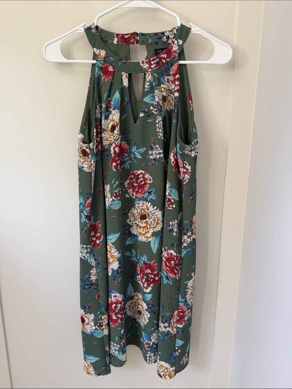 As U Wish Green Floral Halter Dress with Red & Cream Blooms
